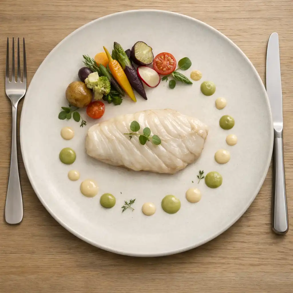 Assiette gastronomique dressée vue de dessus avec filet de poisson, légumes de saison et sauce légère