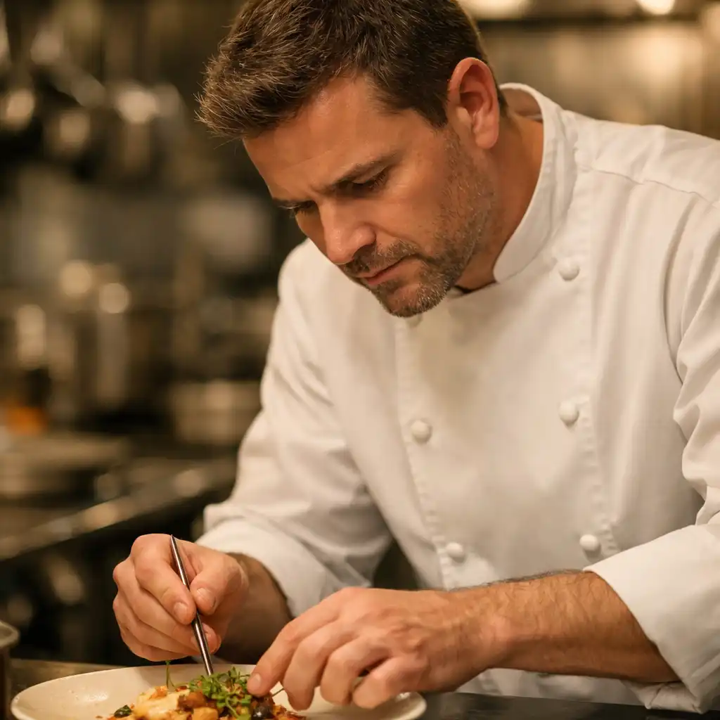 Cuisinier en veste blanche concentré sur la préparation d'un plat