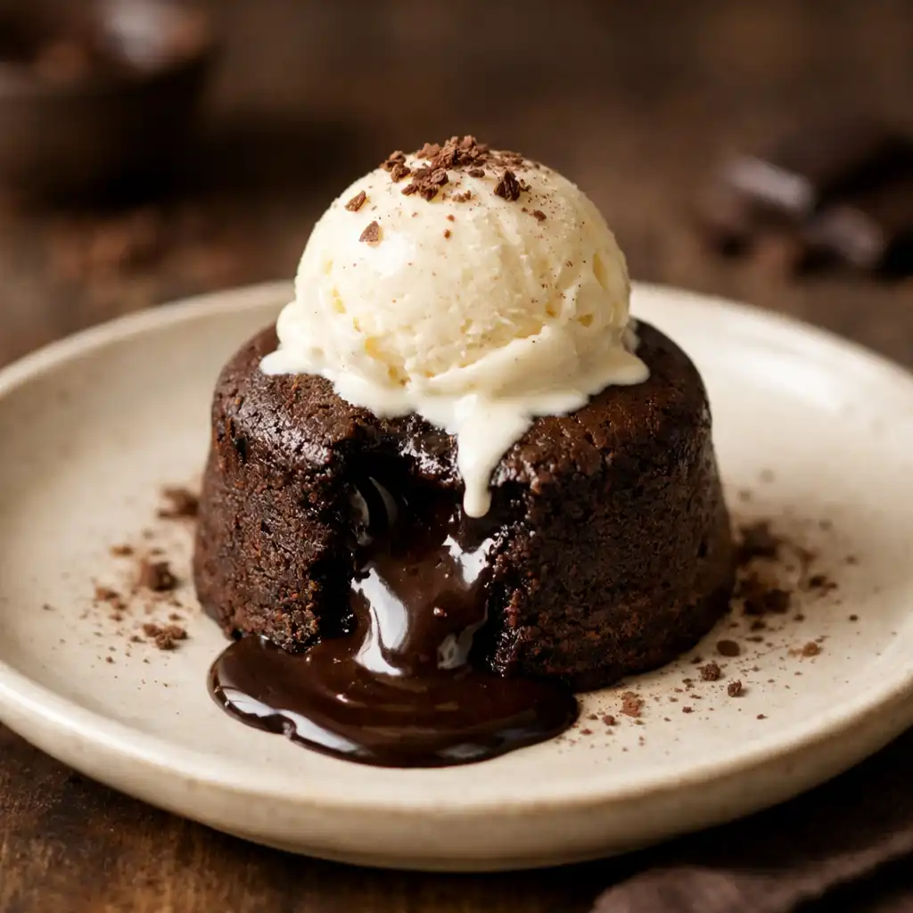Fondant au chocolat noir avec cœur coulant et glace vanille