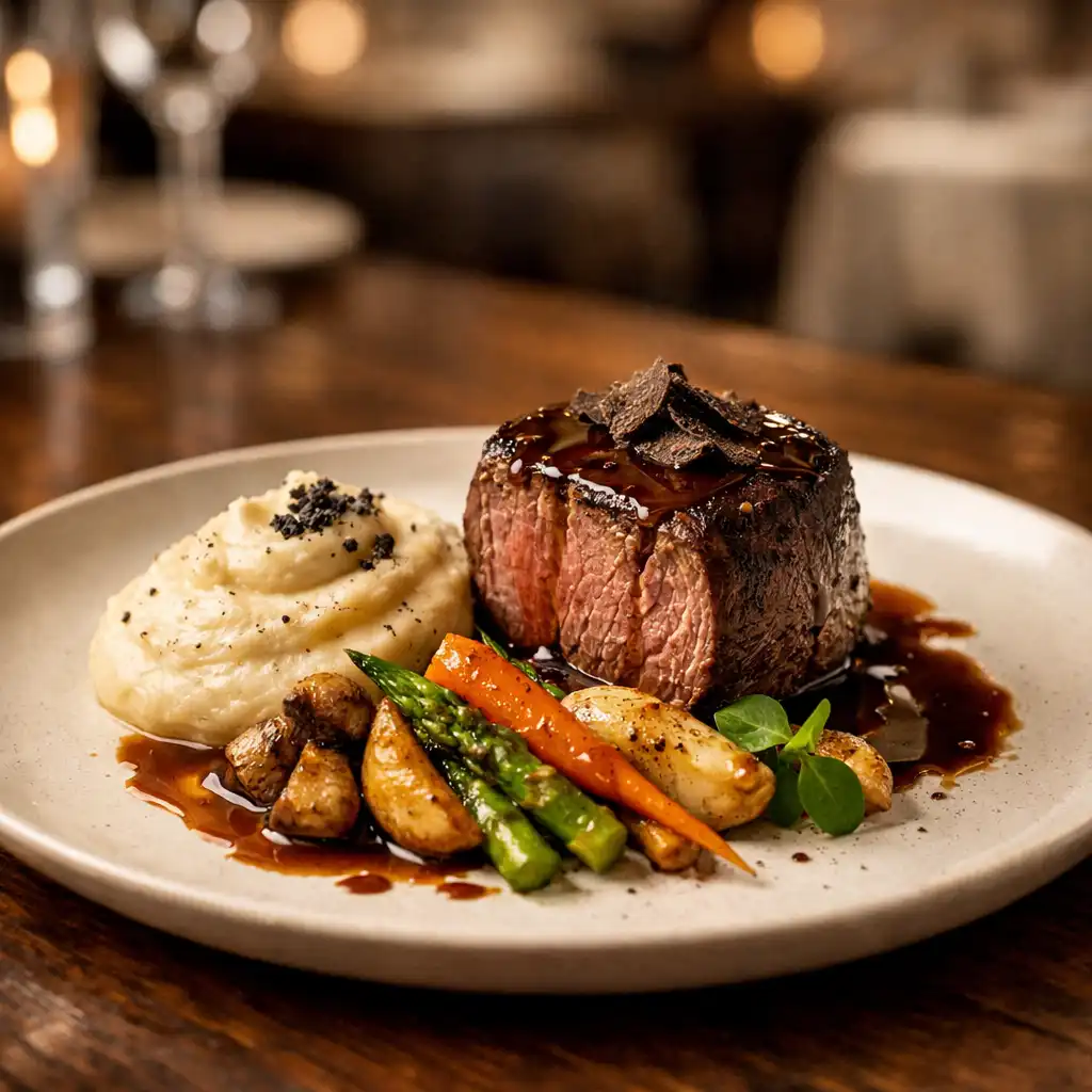 Assiette gastronomique avec filet de bœuf rôti et purée à la truffe