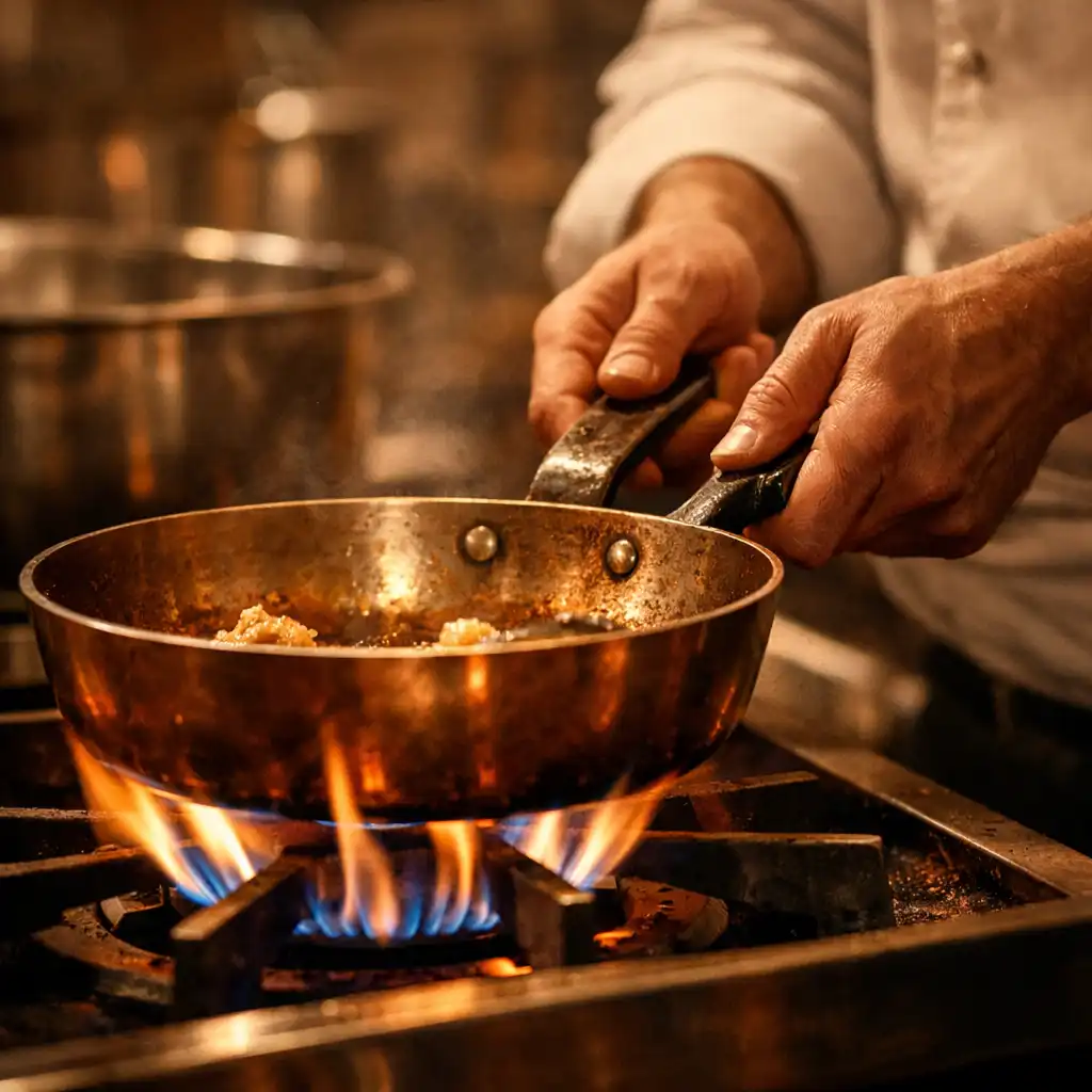 Mains d'un cuisinier manipulant une poêle en cuivre sur un feu vif