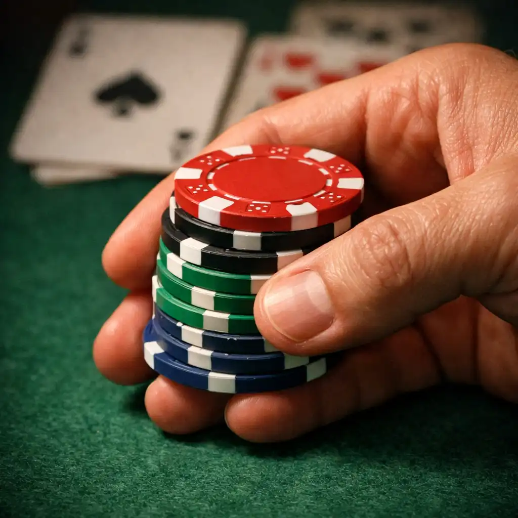 Main tenant des jetons de poker sur un tapis vert
