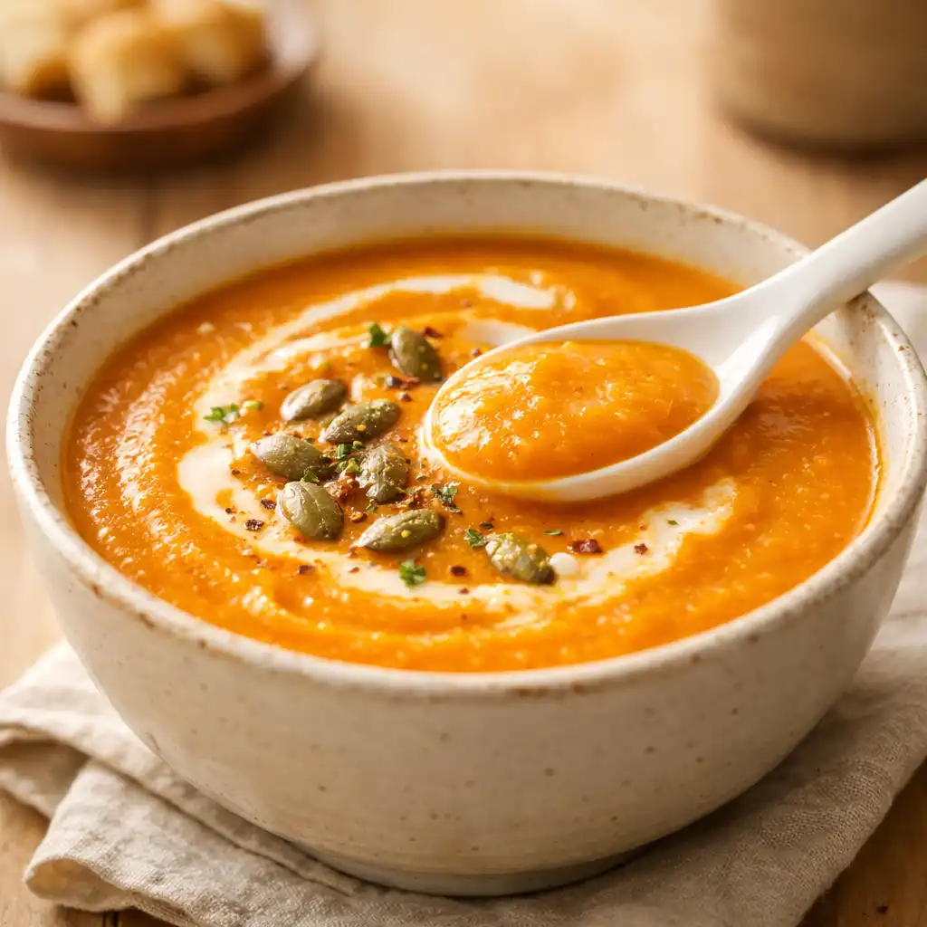 Velouté de potimarron dans un bol en céramique