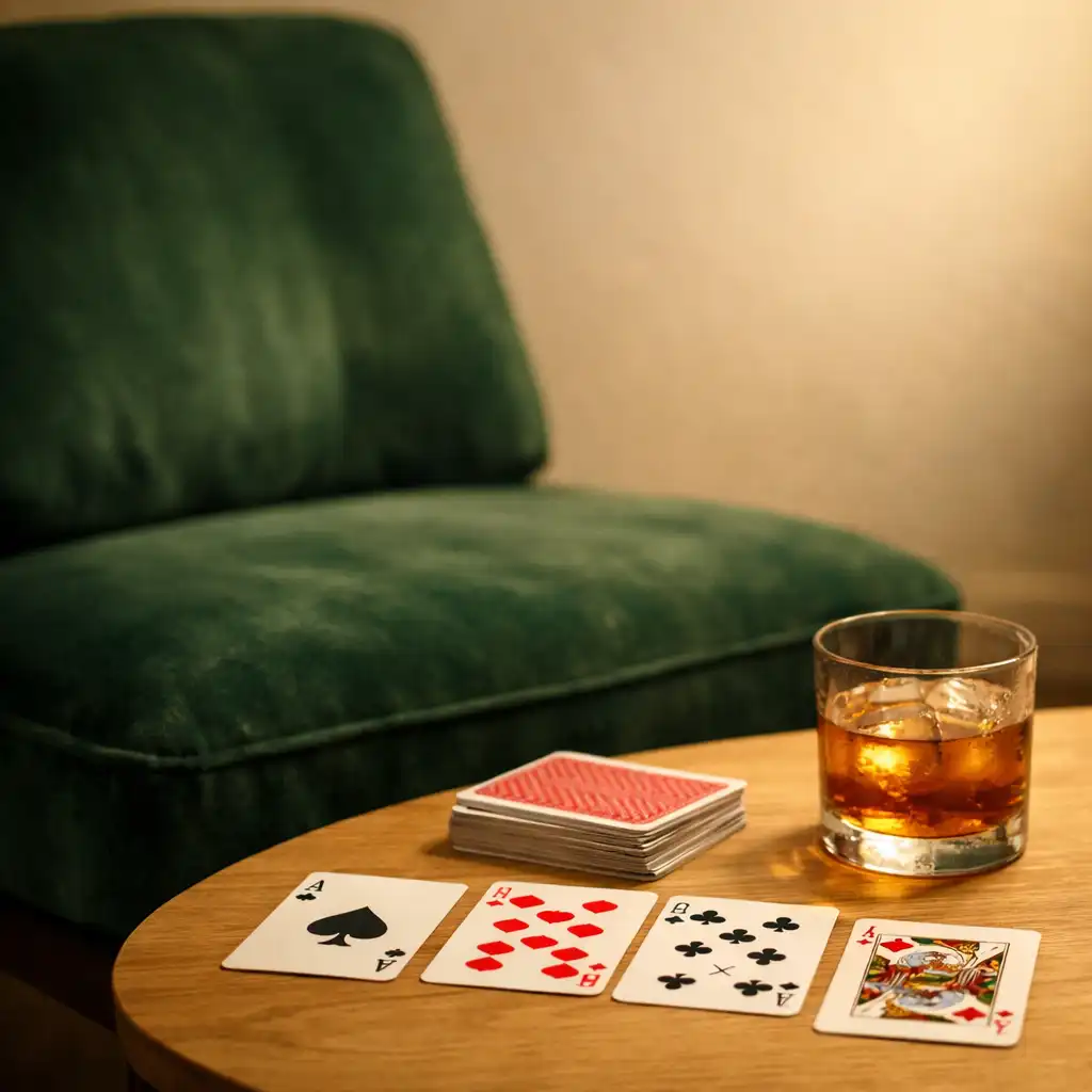 Fauteuil bas en velours vert forêt et table basse en bois clair avec jeu de cartes et verre, dans le Card Lounge