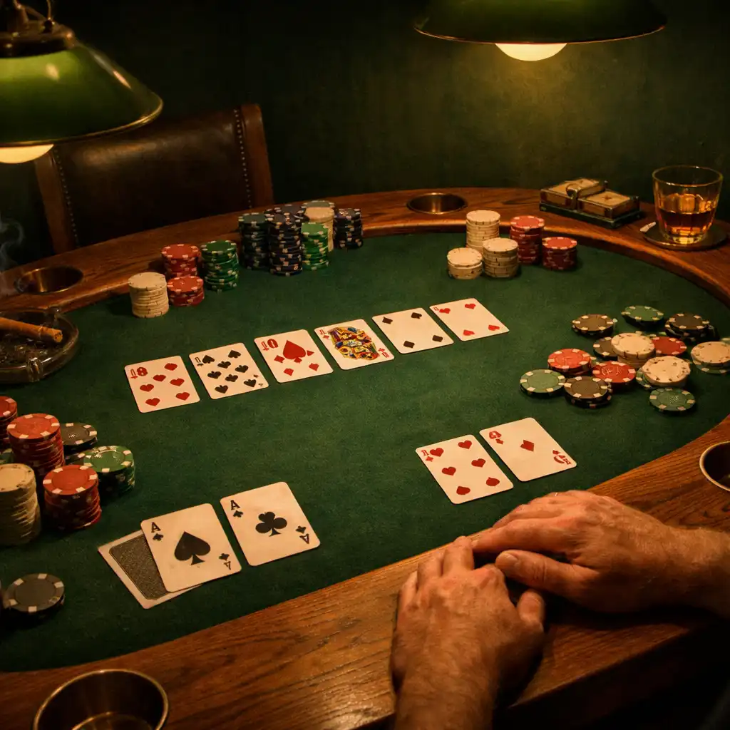 Table de poker en bois massif avec tapis vert foncé, jetons en argile et cartes, dans une salle aux murs vert forêt éclairée par des lampes basses