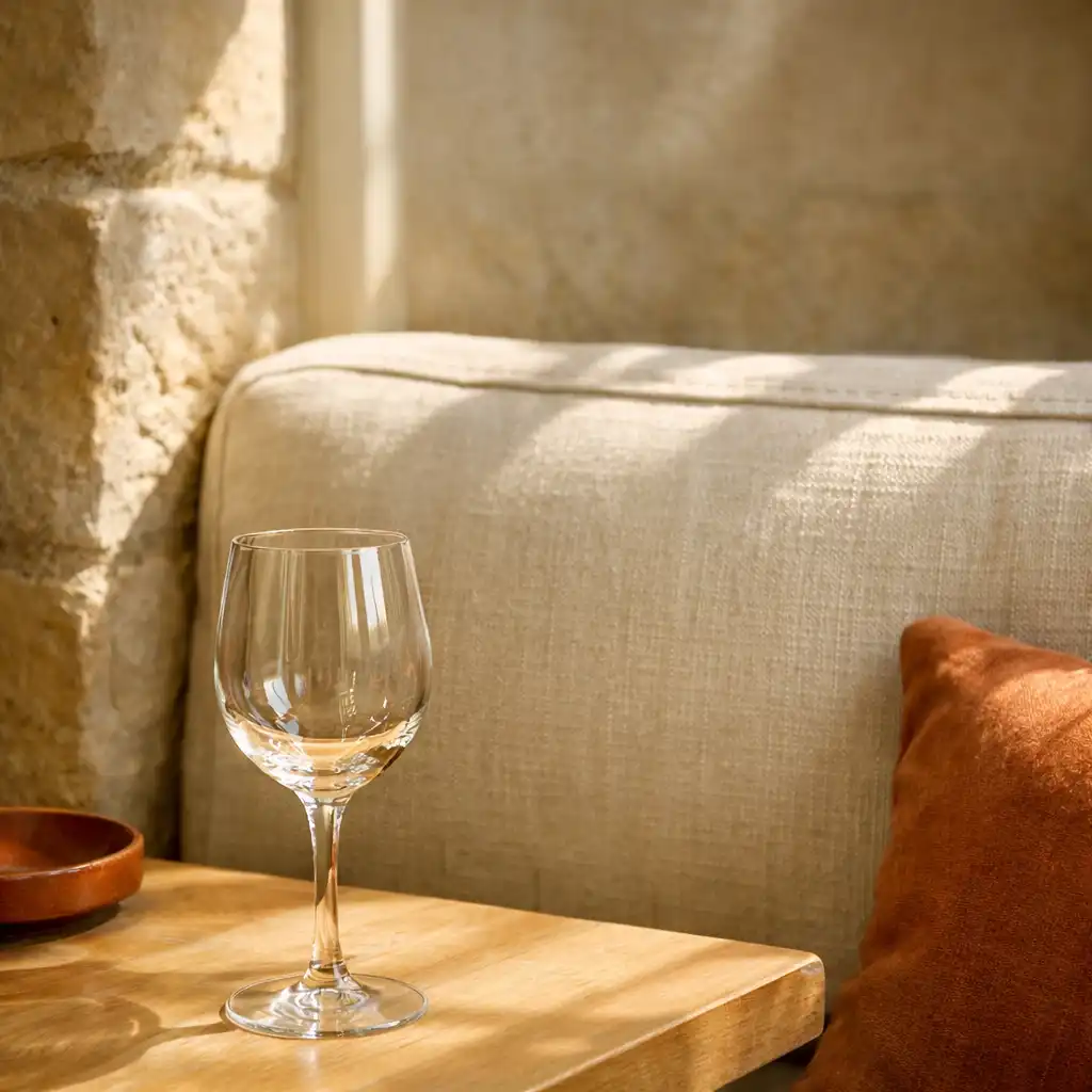 Détail d'une banquette en lin crème avec table en bois clair et verre à pied, éclairée par une fenêtre verticale étroite