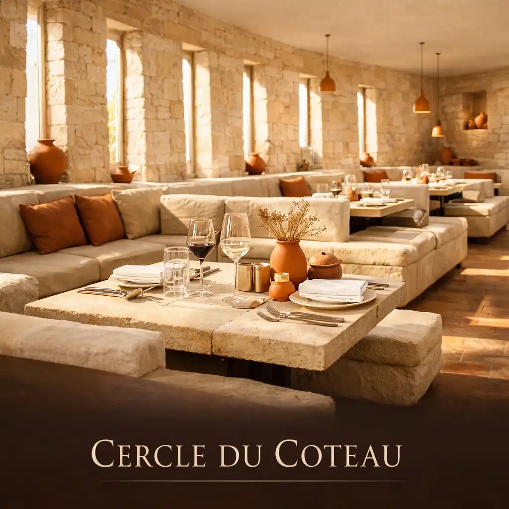 Vue panoramique de la salle du Cercle du Coteau avec banquettes basses en pierre claire et crème, fenêtres verticales étroites et table dressée