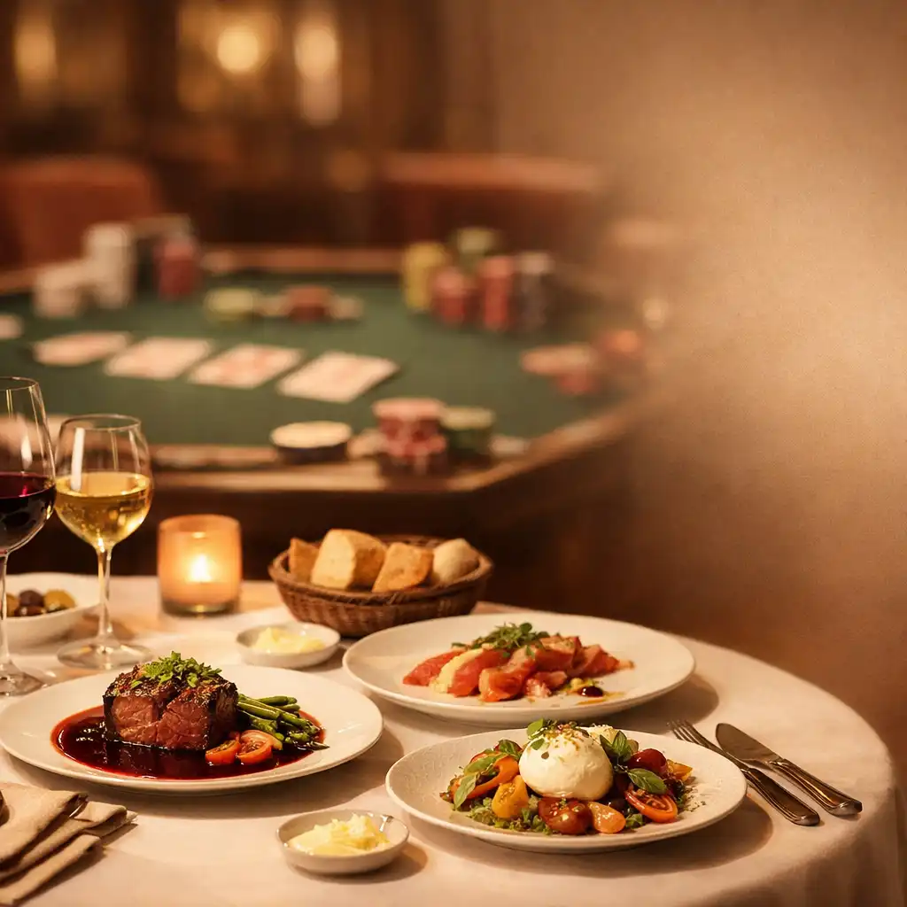 Table de restaurant élégante avec des plats raffinés et une table de poker en arrière-plan