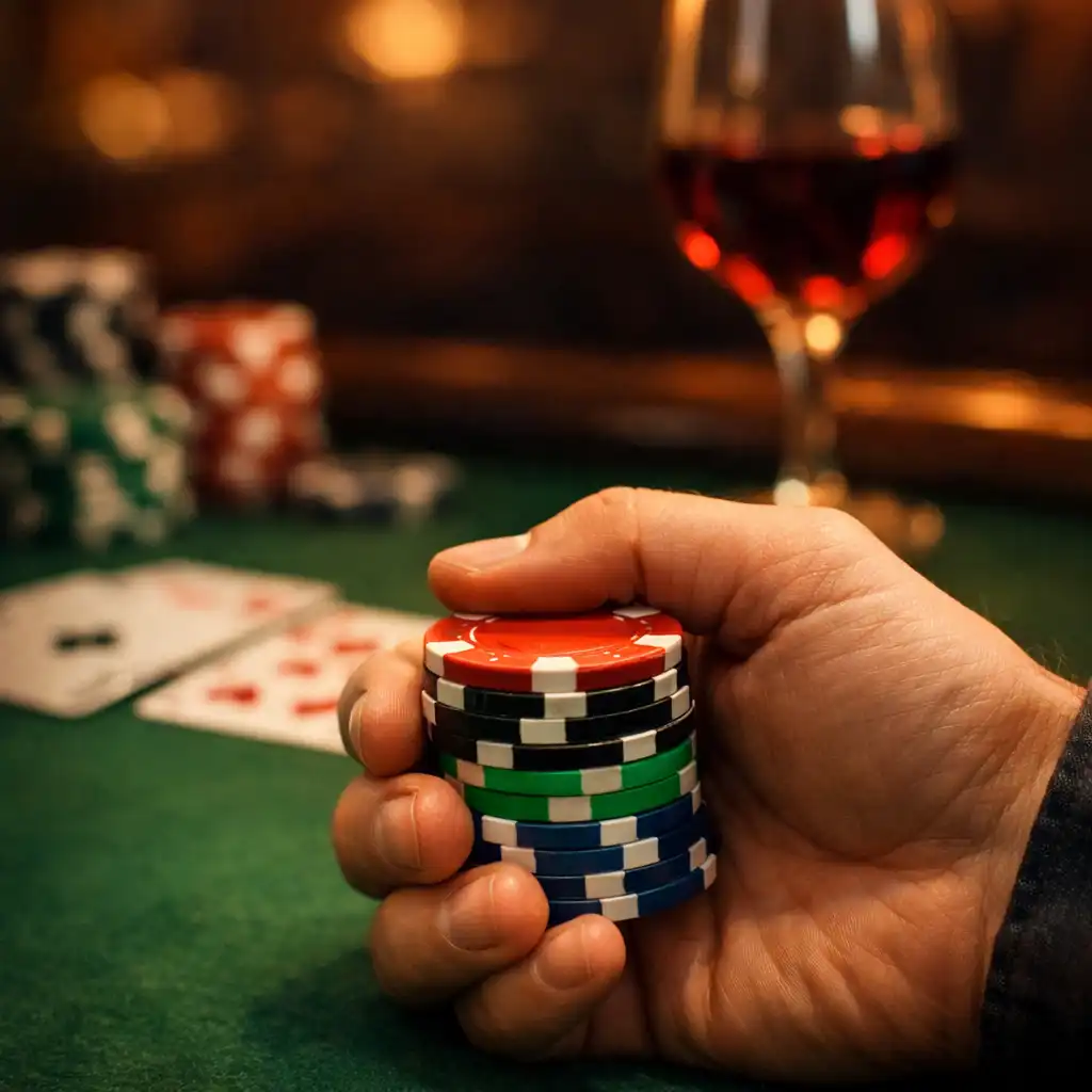 Main d'un joueur tenant des jetons de poker au-dessus d'un tapis vert