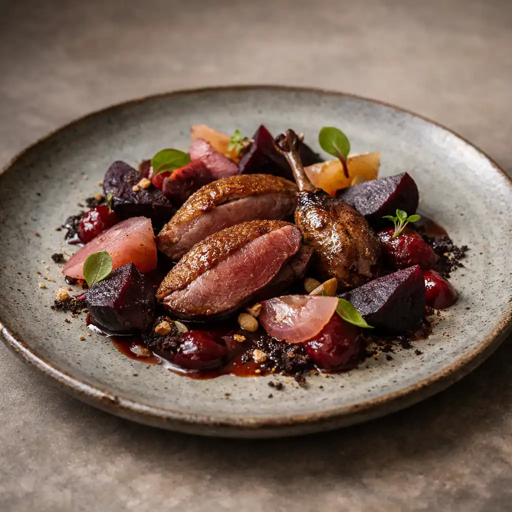 Pigeon rôti, betterave fumée