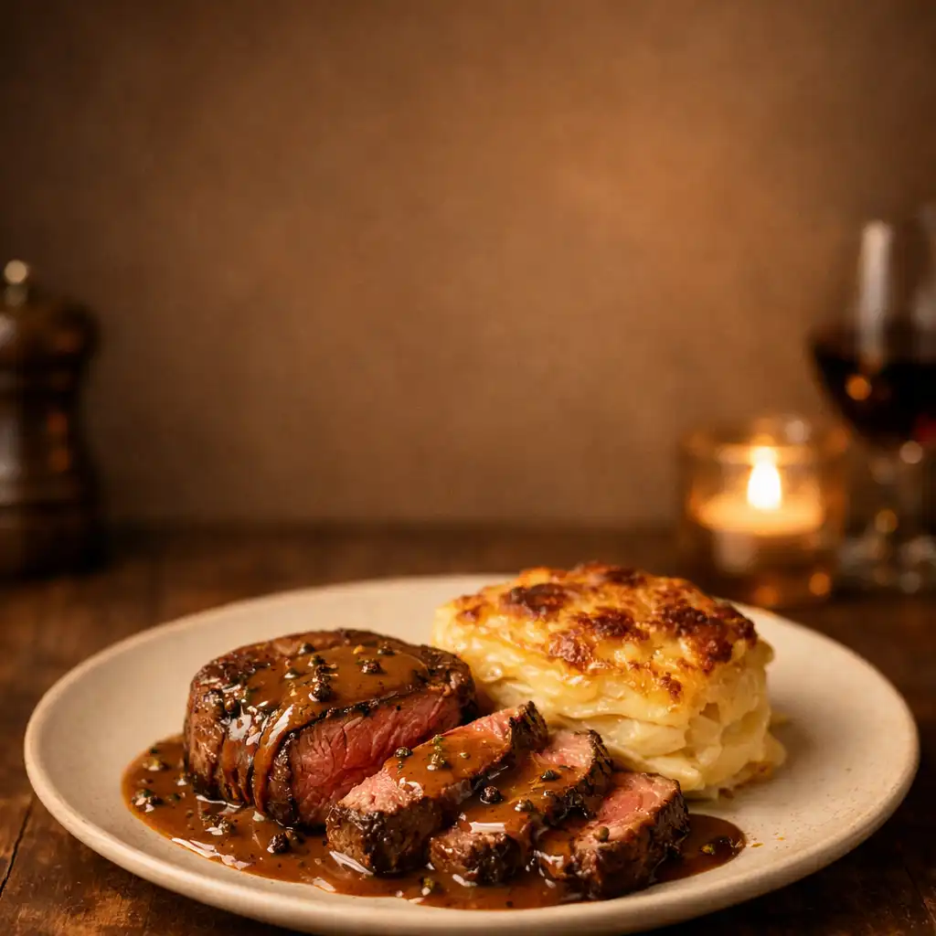 Filet de bœuf tranché avec sauce au poivre et gratin dauphinois
