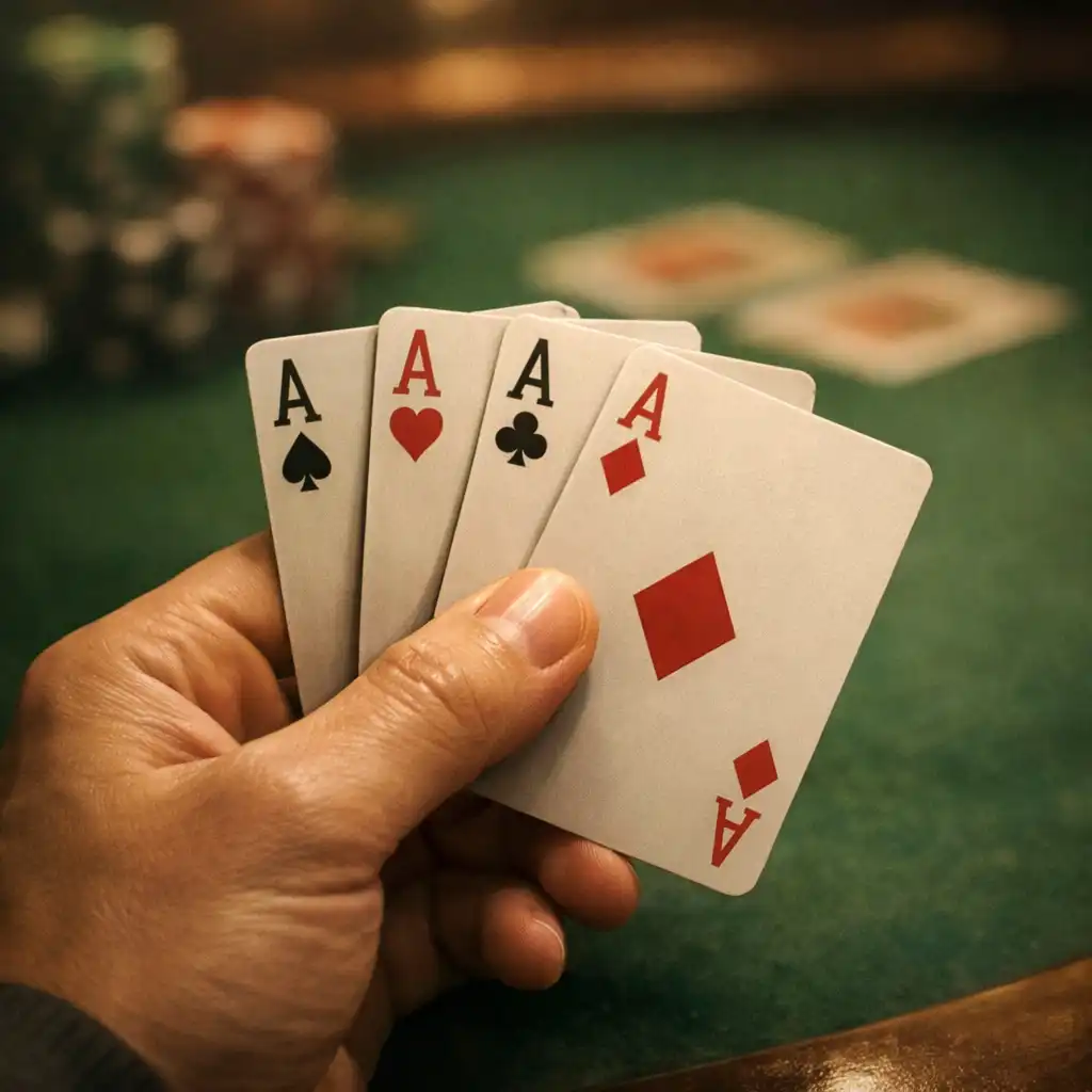 Gros plan sur une main tenant des cartes à jouer, fond flou de table de poker