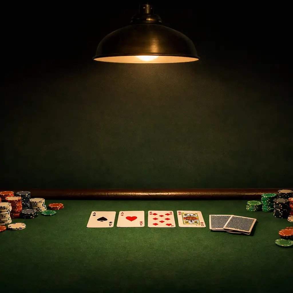 Table de poker en feutre vert avec cartes et jetons dans une ambiance tamisée