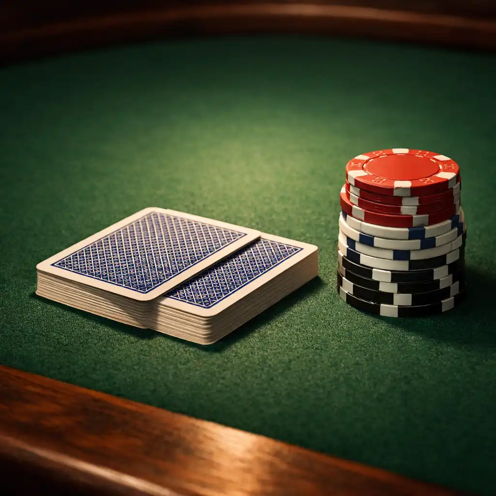 Gros plan sur une table de poker en bois massif, avec un feutre vert tendu, des cartes à jouer et quelques jetons en céramique empilés.