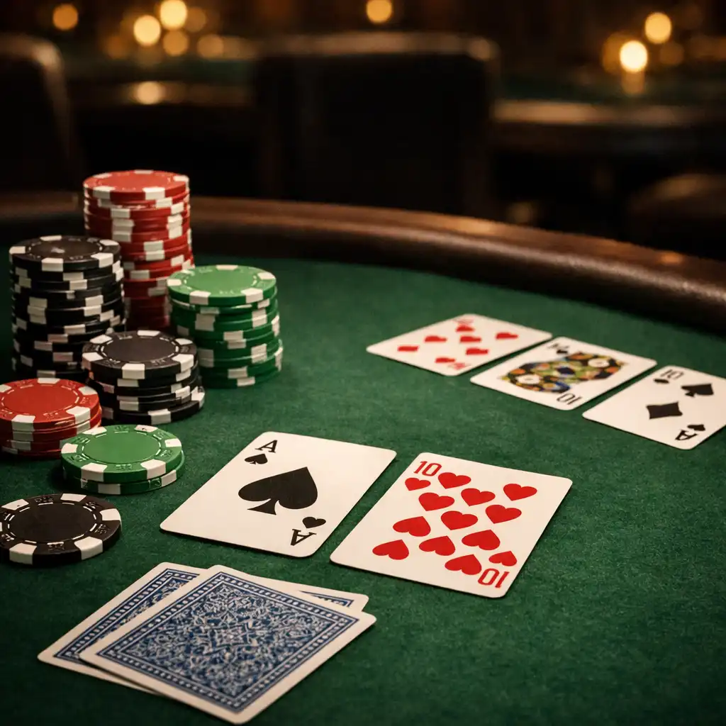 Détail d'une table de poker dans une salle feutrée, jetons et cartes sur le feutre, fond vert forêt