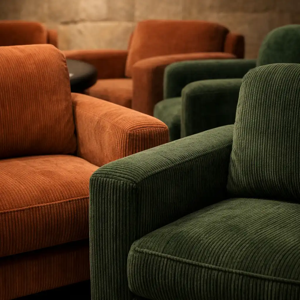 Détail des sièges de la Poker Room : fauteuils bas en velours côtelé terre cuite et vert forêt, avec accoudoirs larges et assise profonde.