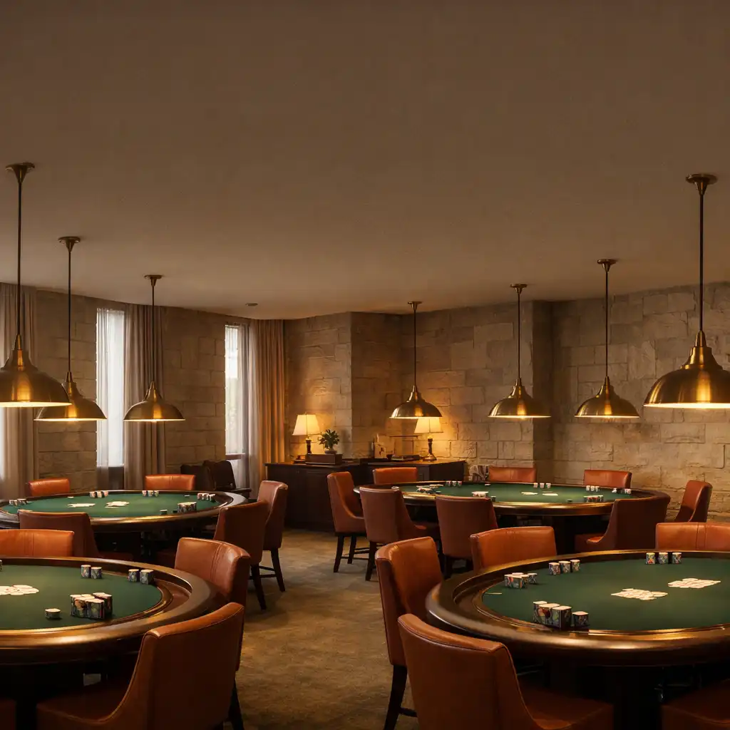 Vue d'ensemble de la Poker Room du Cercle du Coteau, avec plusieurs tables en bois sombre recouvertes de feutre vert profond, éclairées par des suspensions basses en laiton.