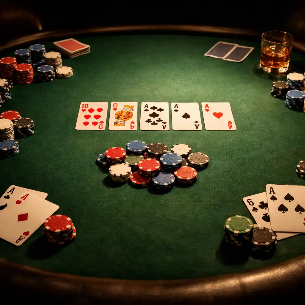 Table de poker en légère plongée avec feutre vert, cartes et jetons, lumière tamisée