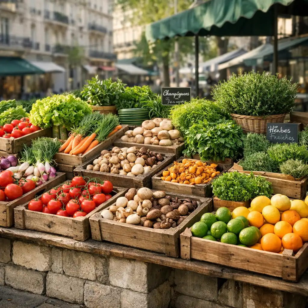 Étal de marché parisien avec légumes frais, herbes et agrumes