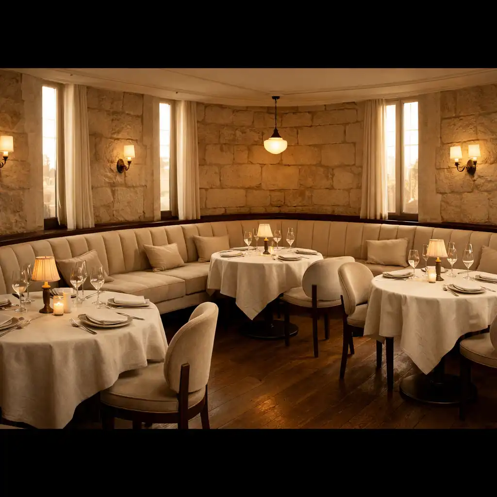 Vue panoramique de la salle du restaurant avec sa banquette en arc le long des murs en pierre claire