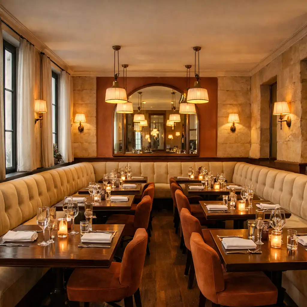 Salle de restaurant panoramique avec banquettes crème et lumière chaleureuse