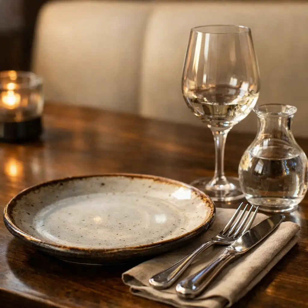 Détail d'une table dressée avec assiette artisanale, couverts et verre à pied
