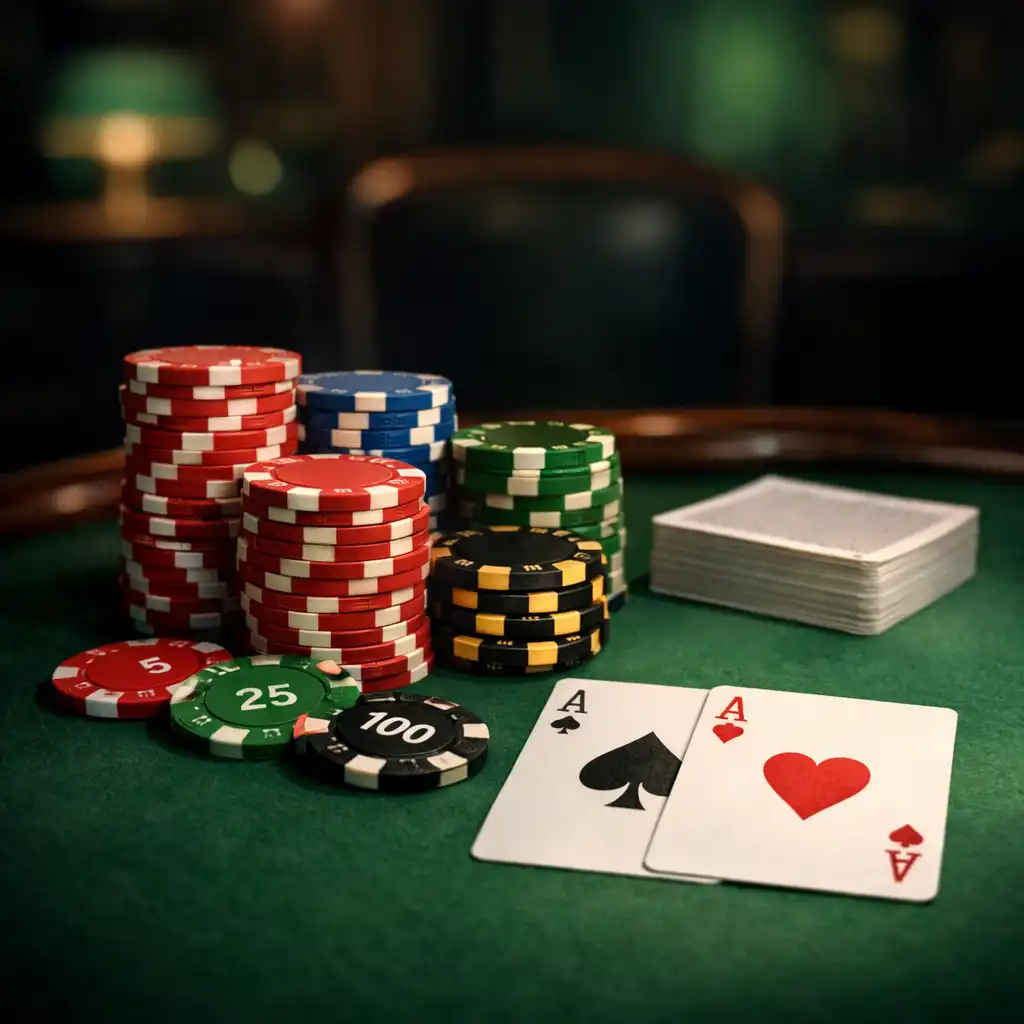 Table de poker avec jetons et cartes